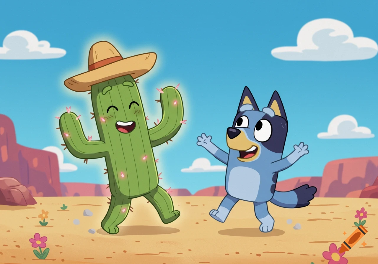 A cartoon cactus wearing a sombrero dances with Bluey the blue dog in a desert landscape.