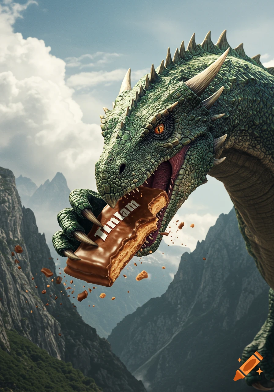 A photorealistic green dragon eats a chocolate bar labeled 'TINLAM' with crumbs flying, set against a mountainous landscape.