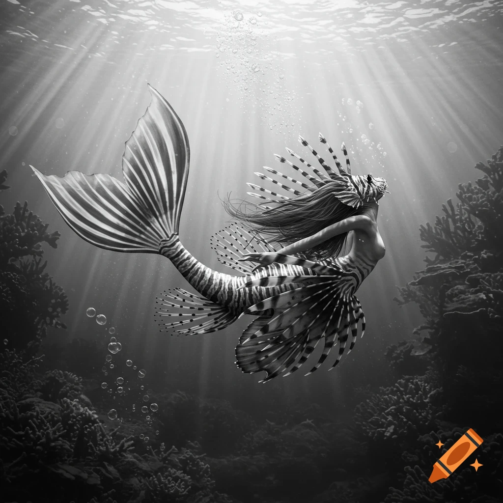 Graceful black and white lionfish mermaid swims upwards in a sunlit underwater scene with coral.