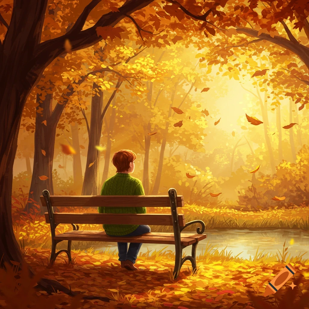 A person sits on a park bench in a vibrant, sun-drenched autumn forest with golden trees and fallen leaves by a pond, in an illustrative style.