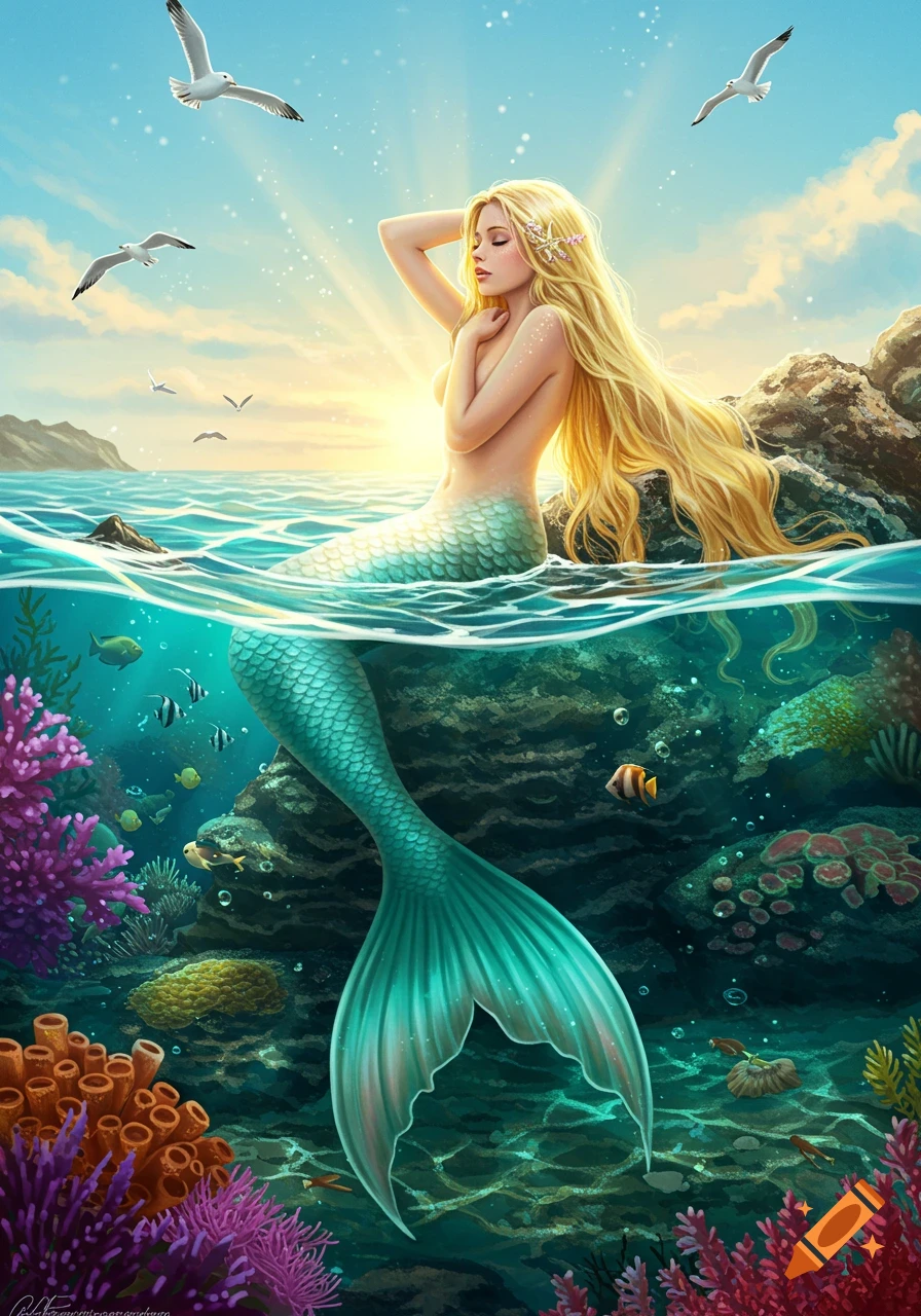 Blonde mermaid with flowing hair sitting on a rock in the ocean, her tail underwater among colorful coral and fish, gulls fly above, golden sunset.