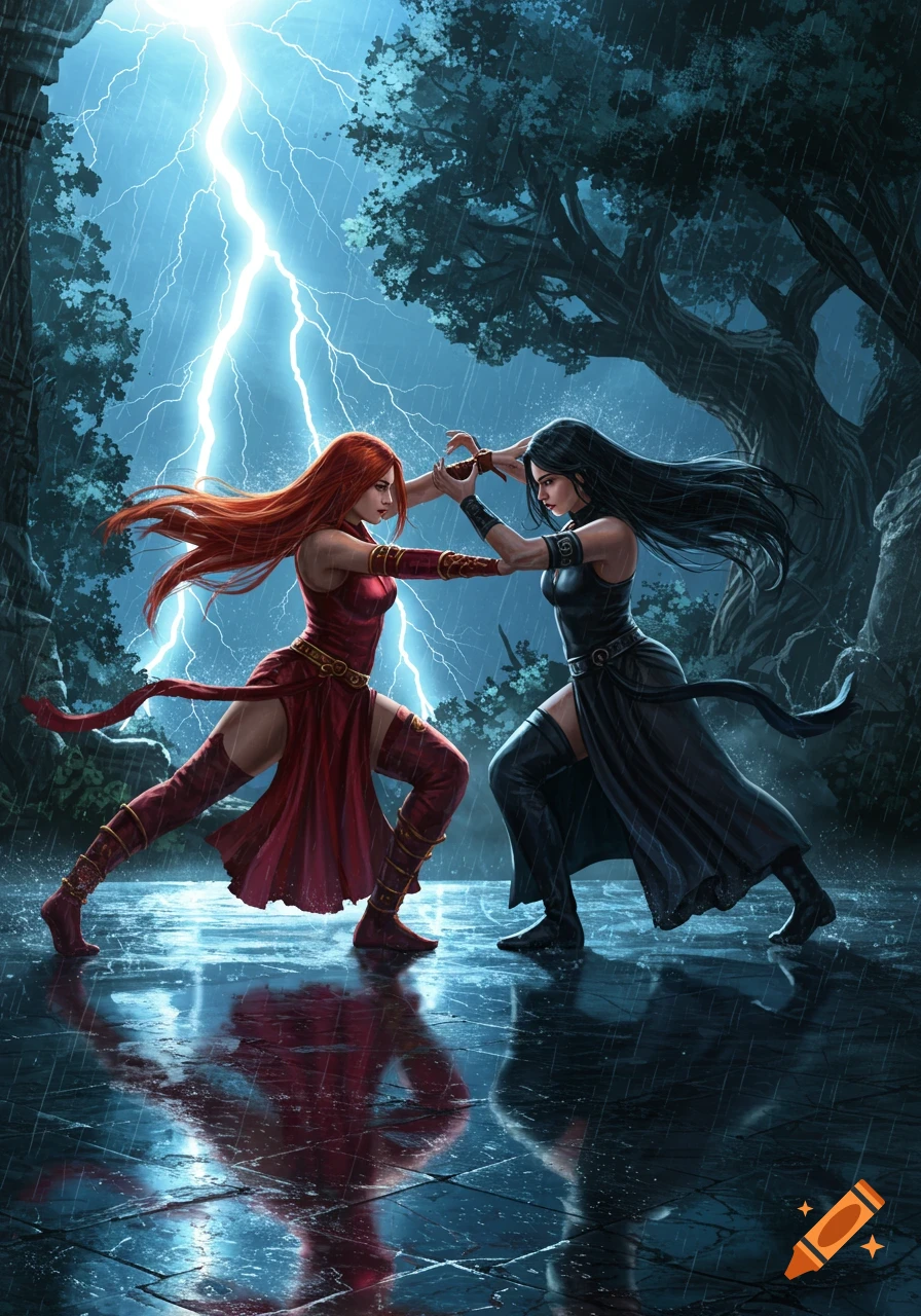Two women, one in red and one in black, fighting in a stormy forest with lightning striking down.