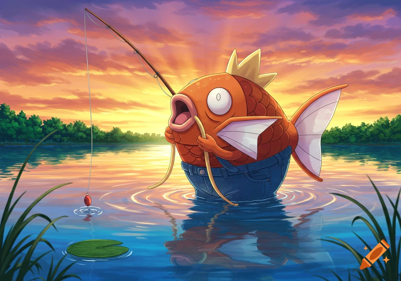 A large Magikarp in jeans fishes in a lake during a beautiful sunset, rendered in Pok mon animation style.