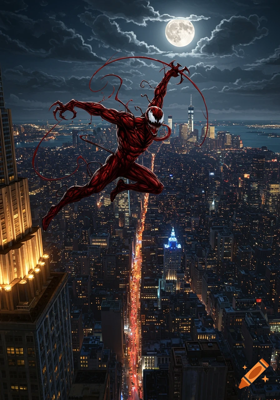 Red and black comic villain Carnage flying over a bustling city at night with a full moon, comic book art style.