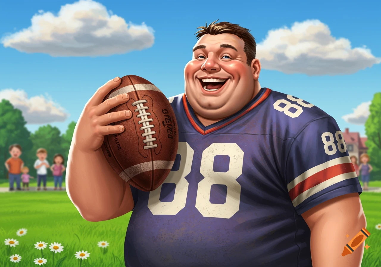 A jovial, overweight man in a blue football jersey with "88" on it, happily holding a football in a grassy park with children in the background, in a cartoonish style.