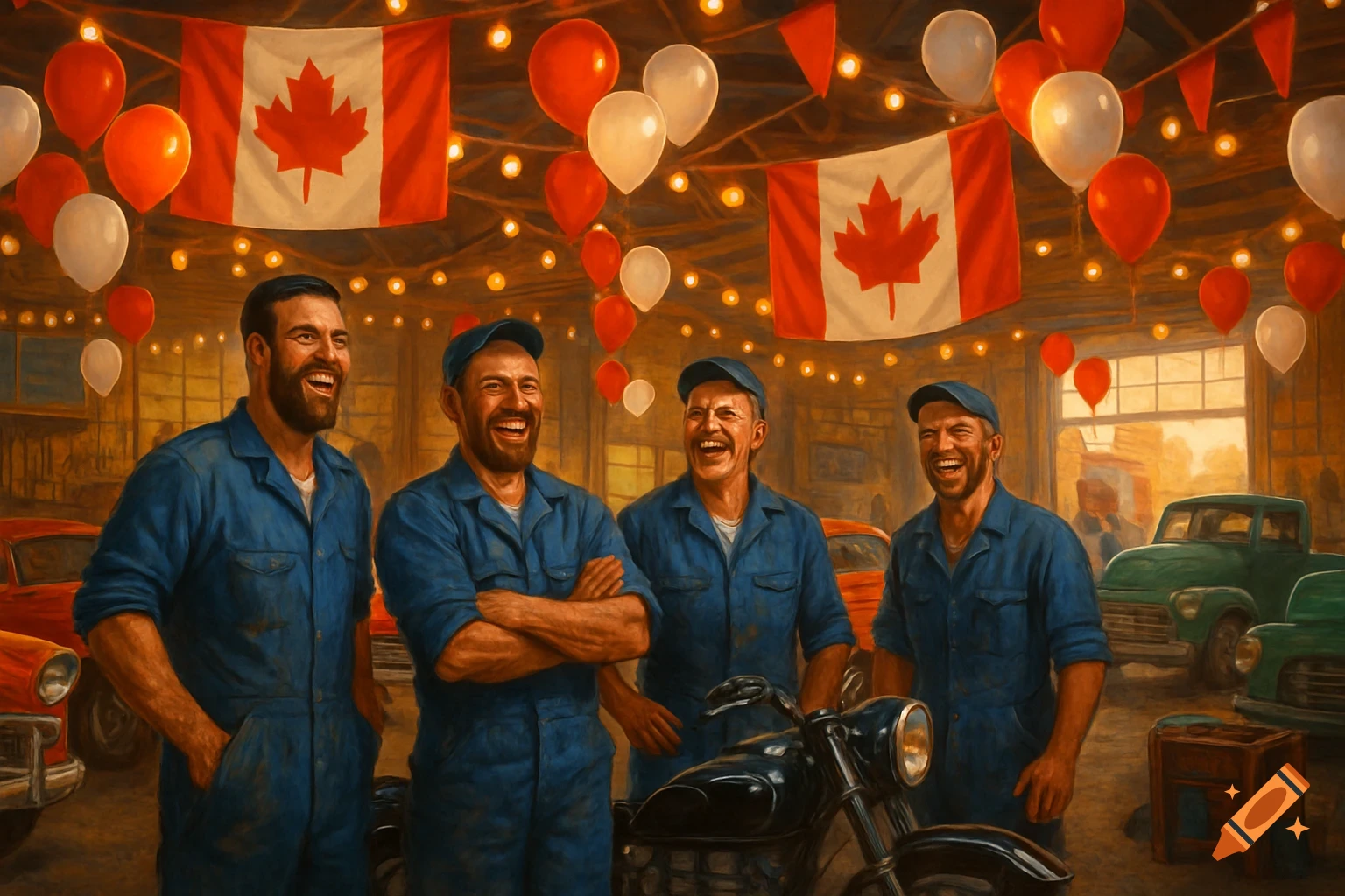 Four happy mechanics in a garage decorated with Canadian flags and balloons, classic cars and a motorcycle present, painterly style.
