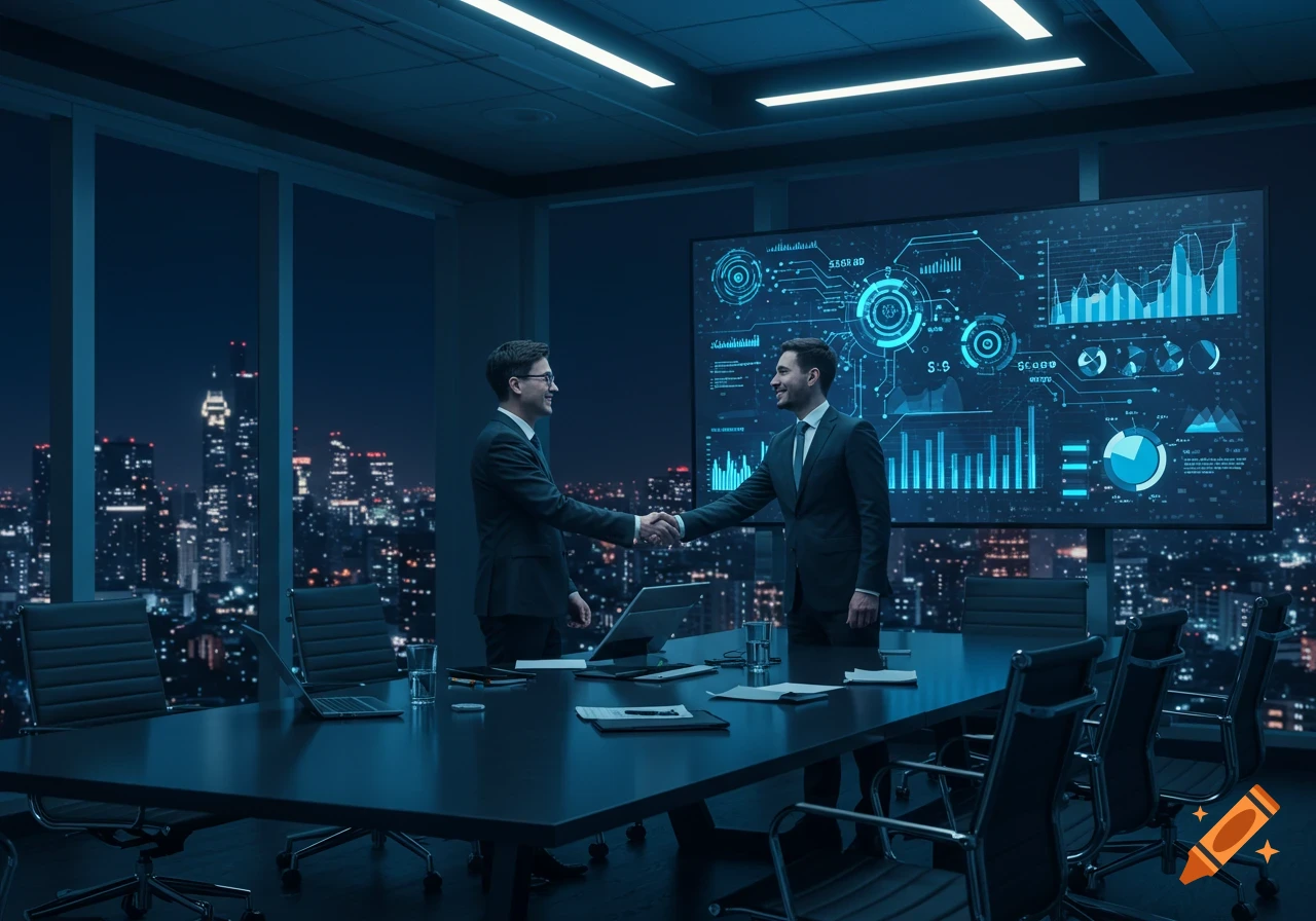 Two businessmen shake hands in a modern office overlooking a city skyline at night, with a large screen displaying data visualizations.