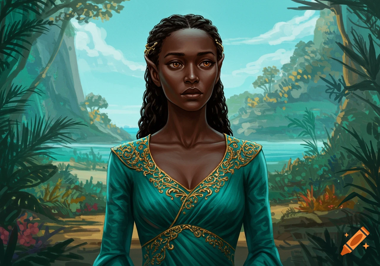 Portrait of a dark-skinned fantasy character with pointed ears and amber eyes in a teal and gold dress against a tropical background.