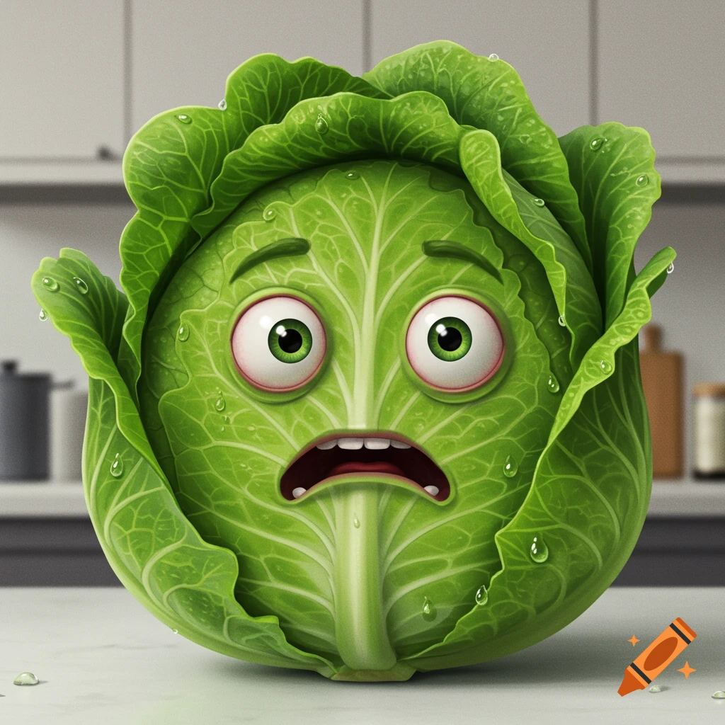 A cartoonish, photorealistic cabbage with wide, stressed-out eyes and an open mouth, covered in water droplets, on a kitchen counter.