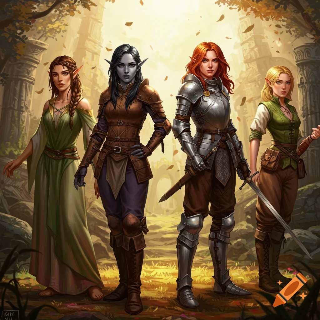 Four female fantasy adventurers, including elves and humans, in various armor and attire, standing in a sunlit forest.