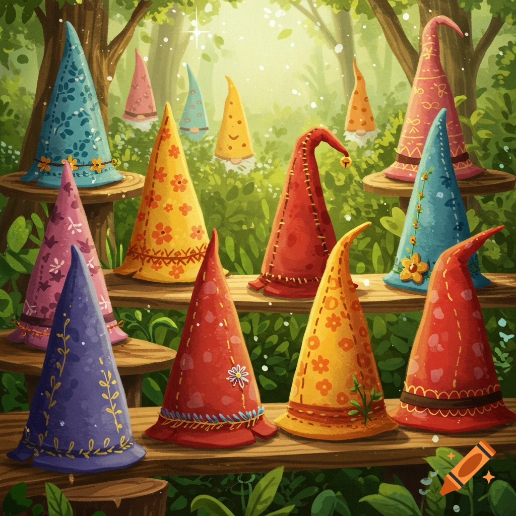 A vibrant illustration of many colorful, patterned gnome hats displayed on wooden shelves in a whimsical forest setting.