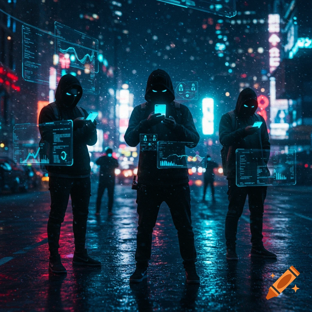 Three hooded figures in a cyber-city at night, holding glowing phones with holographic data screens floating around them, in a moody, futuristic style.