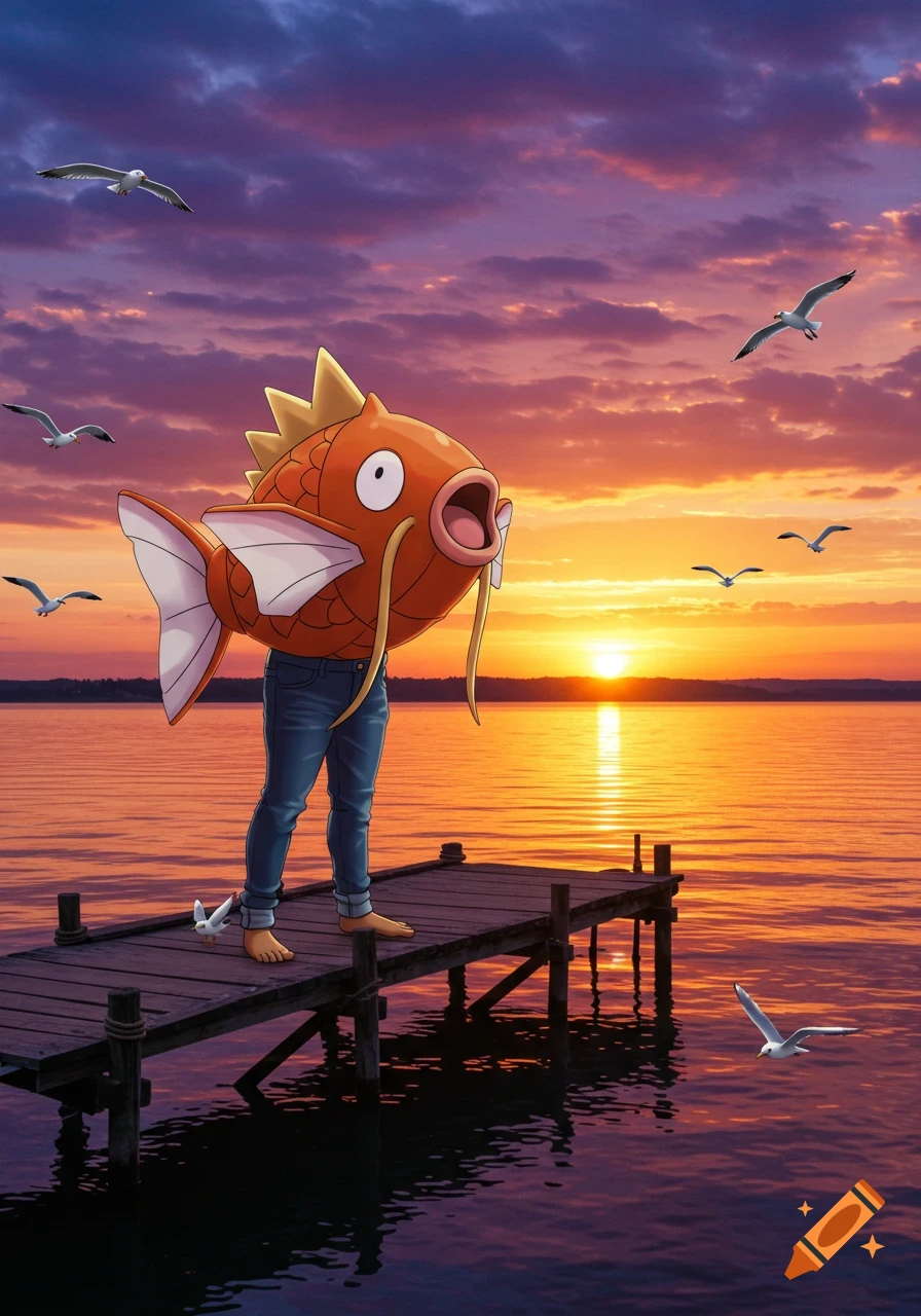 Magikarp with human legs wearing jeans stands on a pier during a colorful sunset over a lake, with seagulls flying overhead.