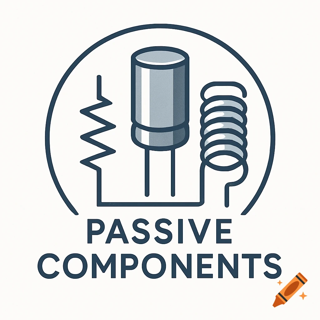 A logo featuring stylized line art of a resistor, capacitor, and inductor inside a circular outline, with the text "PASSIVE COMPONENTS" below.