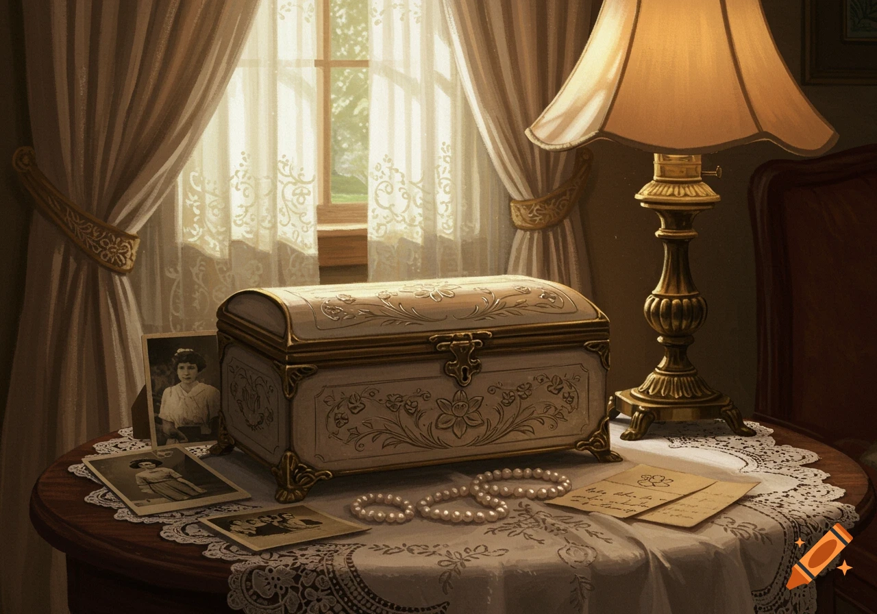 A vintage ornate memory box with gold trim on a lace table with old photos, pearl necklaces, and letters, lit by a window.