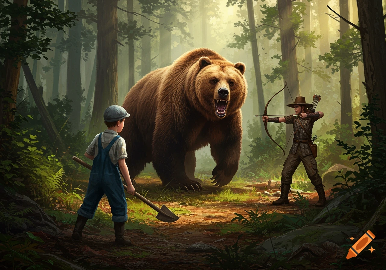 A boy with a shovel, a roaring bear, and a hunter with a bow stand in a sunlit forest.