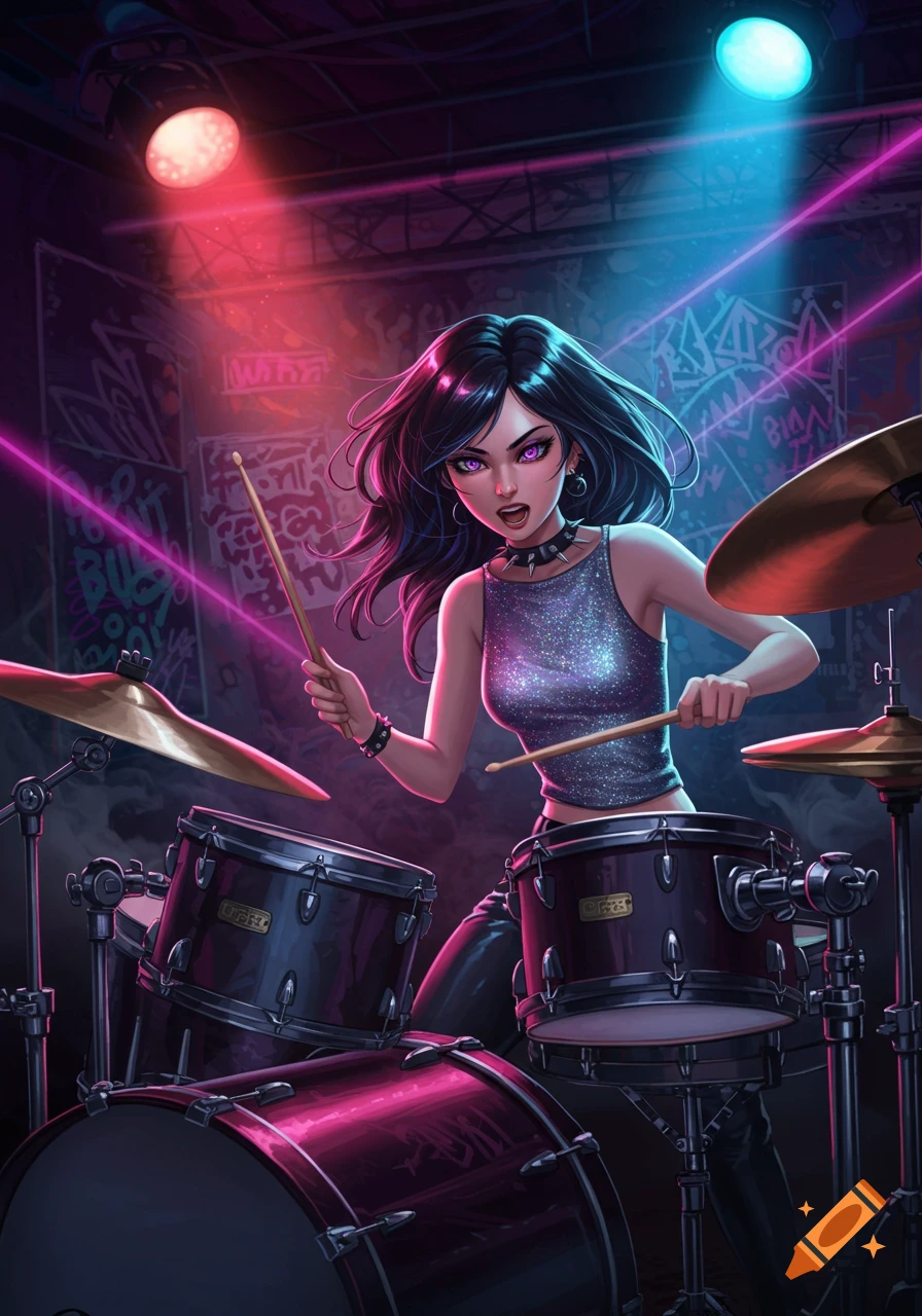 A black-haired anime girl with purple eyes intensely plays a drum set on a stage bathed in neon pink and blue lights with graffiti on the walls.