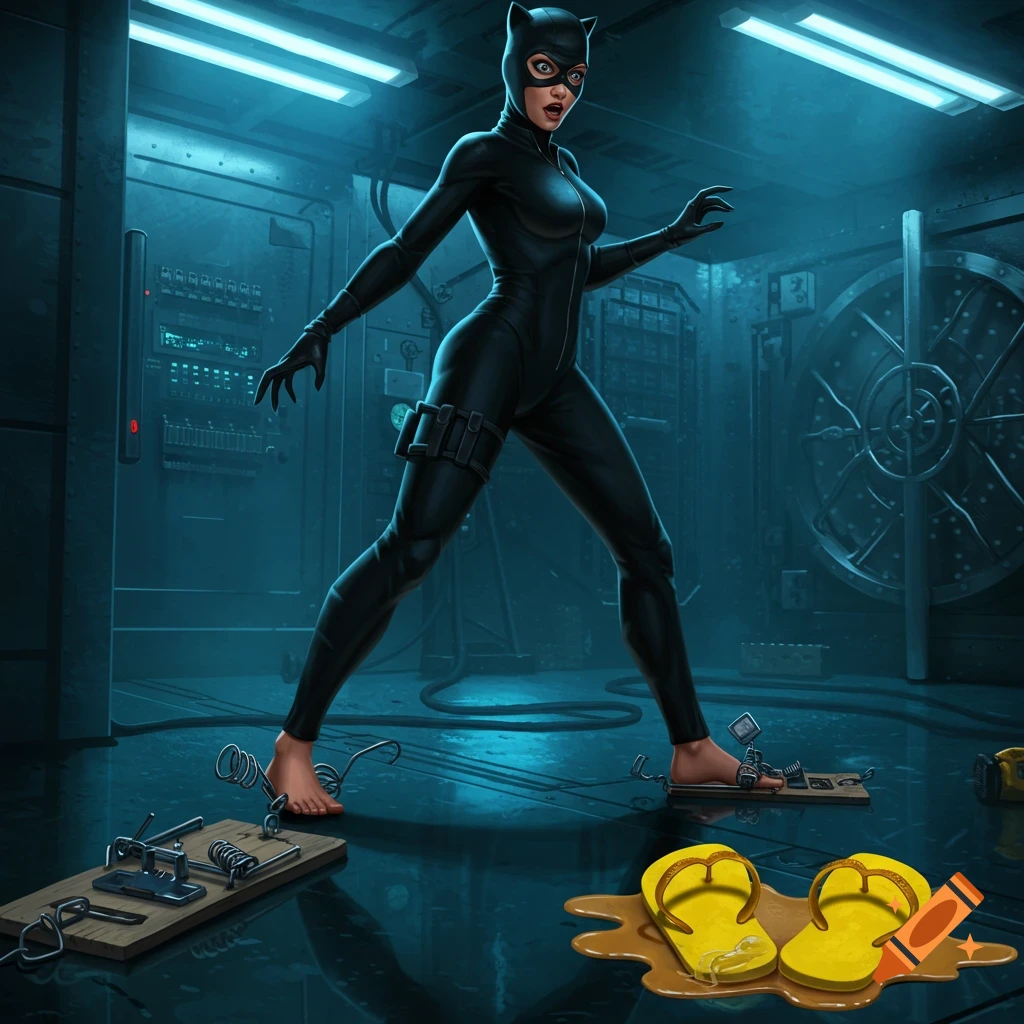 A barefoot woman in a black catsuit with mousetraps on her toes stands cautiously in a vault room, yellow flip-flops stuck in glue on the floor.