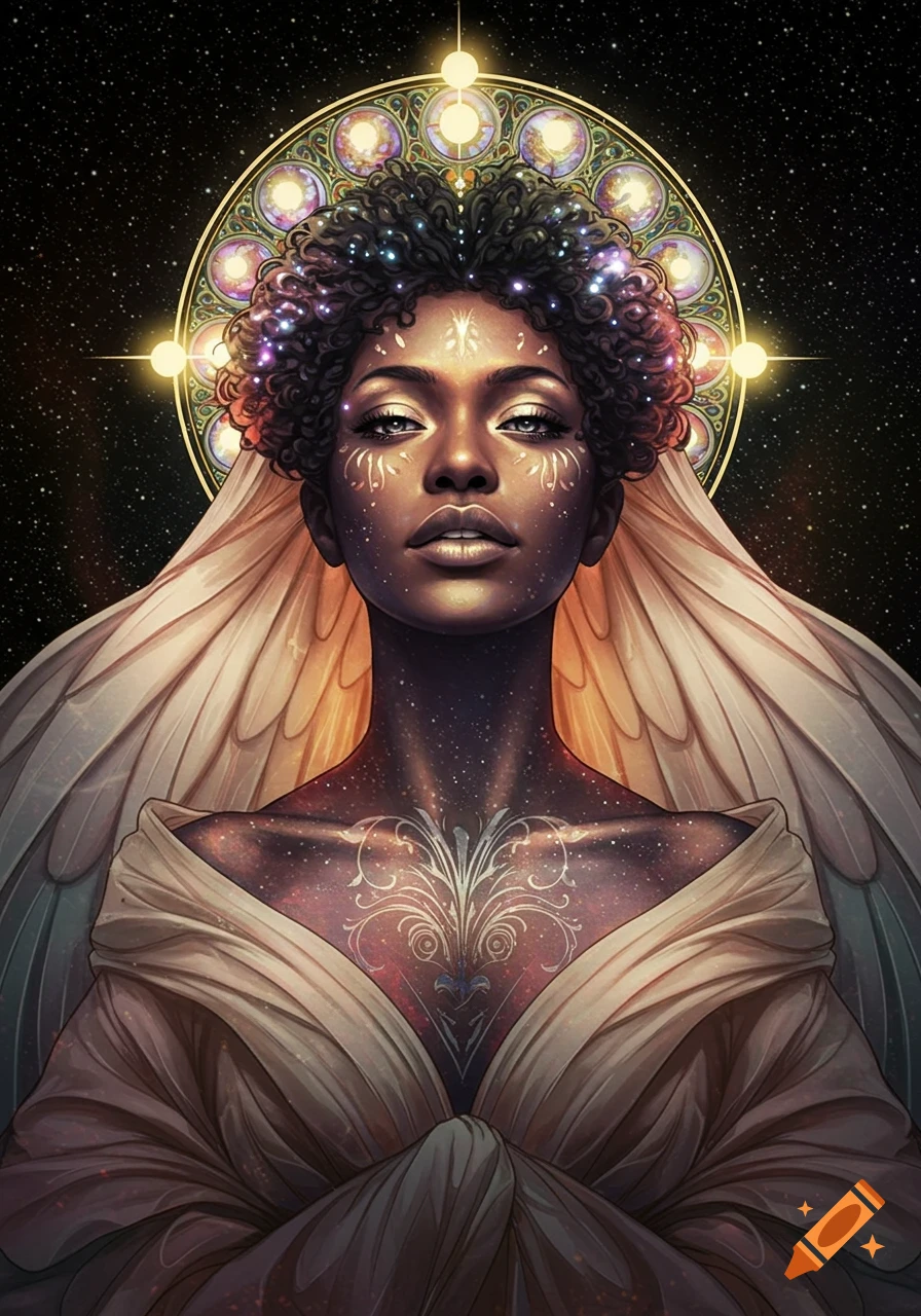Surreal portrait of an ethereal Black woman goddess with a halo and wings, covered in stars, against a starry space background.
