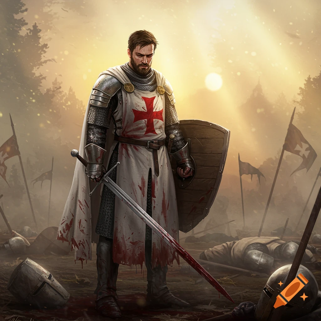 Battle-hardened Knight Templar in blood-stained armor, holding a bloody longsword on a dawn battlefield with fallen soldiers.