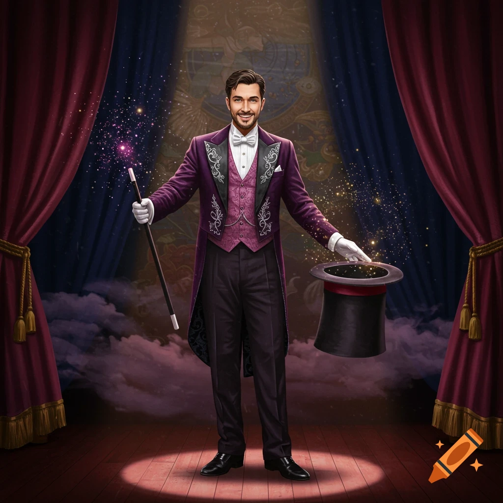A smiling male magician in a purple tuxedo stands on a stage, holding a magic wand and a top hat with sparkling effects.