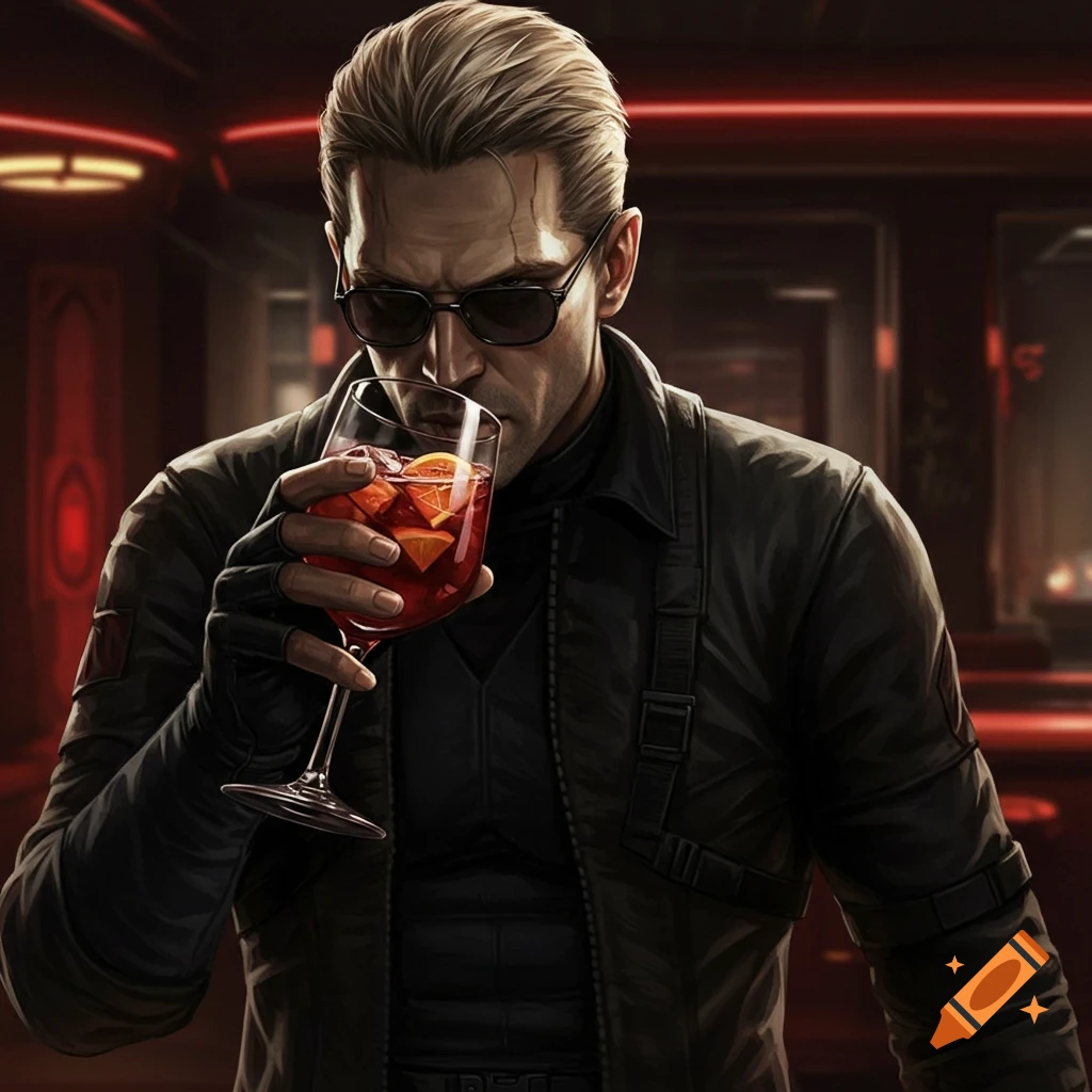 Albert Wesker, a blonde man in sunglasses and a black leather jacket, sips a red cocktail with fruit in a futuristic, red-lit bar.