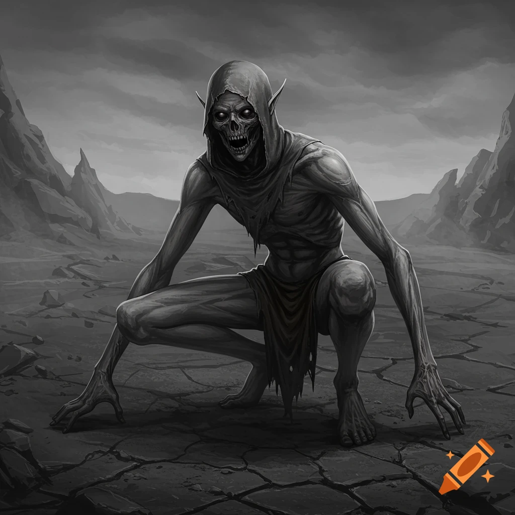 A gray-skinned, emaciated, hooded creature with glowing eye sockets squats in a desolate, cracked landscape. Dark fantasy art.
