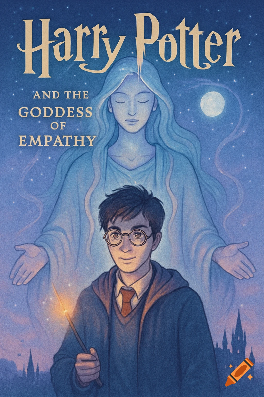 Illustration of a Harry Potter book cover, featuring Harry with a wand and a ethereal goddess figure against a starry night sky. Text reads 'Harry Potter and the Goddess of Empathy'.