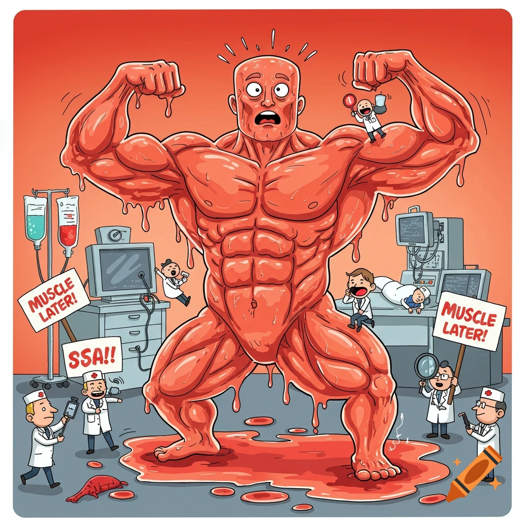A giant, red, skinless muscular man stands in a hospital room, surrounded by tiny, alarmed doctors. Puddles of red liquid are on the floor. Signs say 'MUSCLE LATER!' and 'SSA!!'.