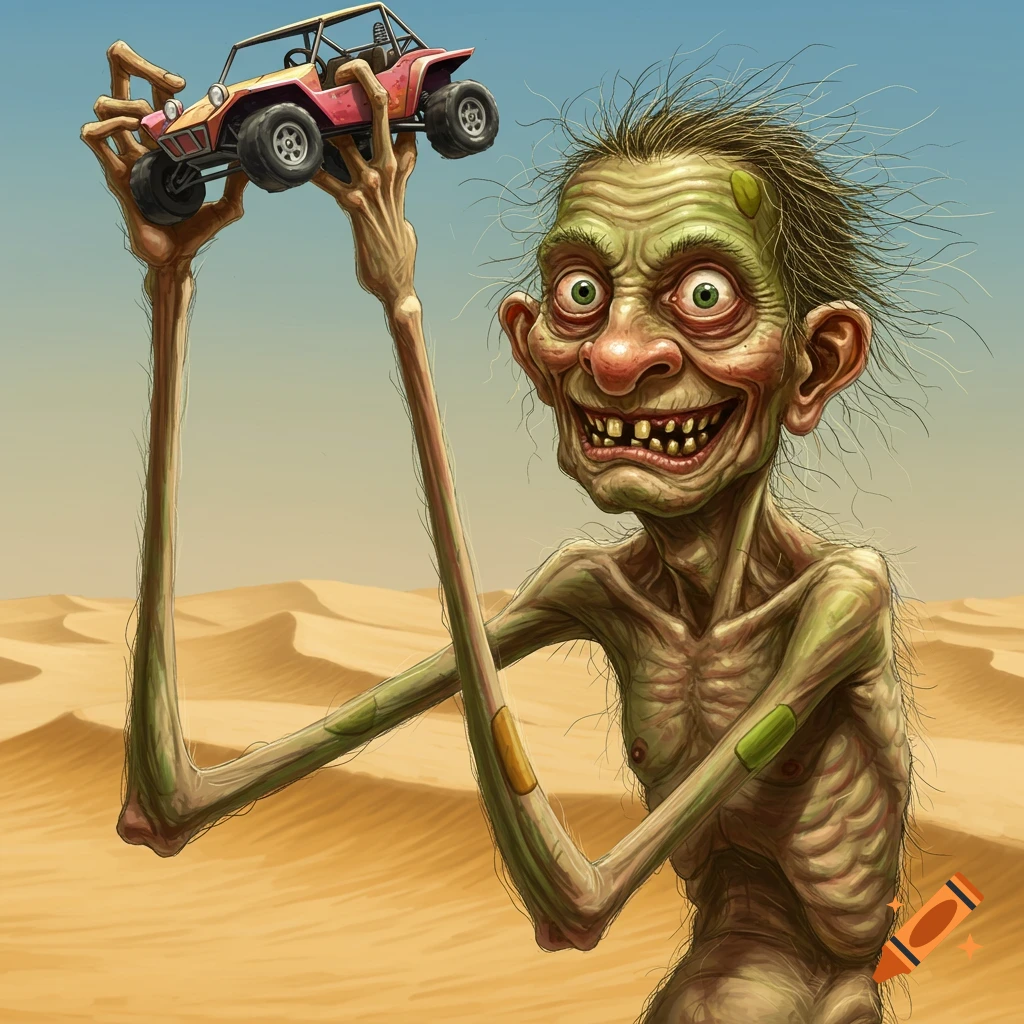 A cartoonish, skinny green creature with long limbs stands in a desert, holding a red and yellow dune buggy overhead.