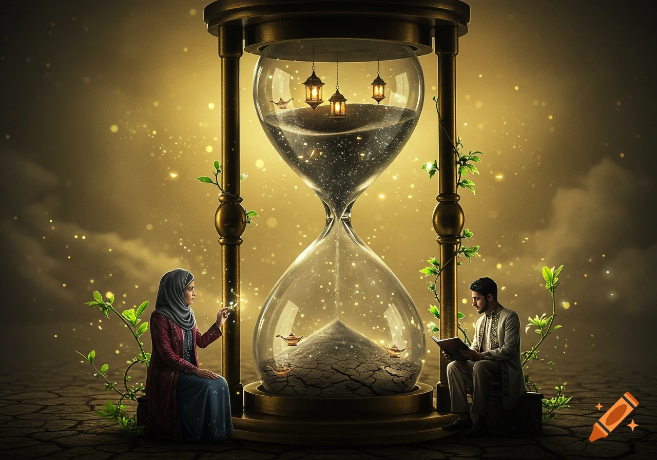 A man and woman sit by a large hourglass with sparkling sand, lamps, cracked earth, and green vines, under a golden sky.