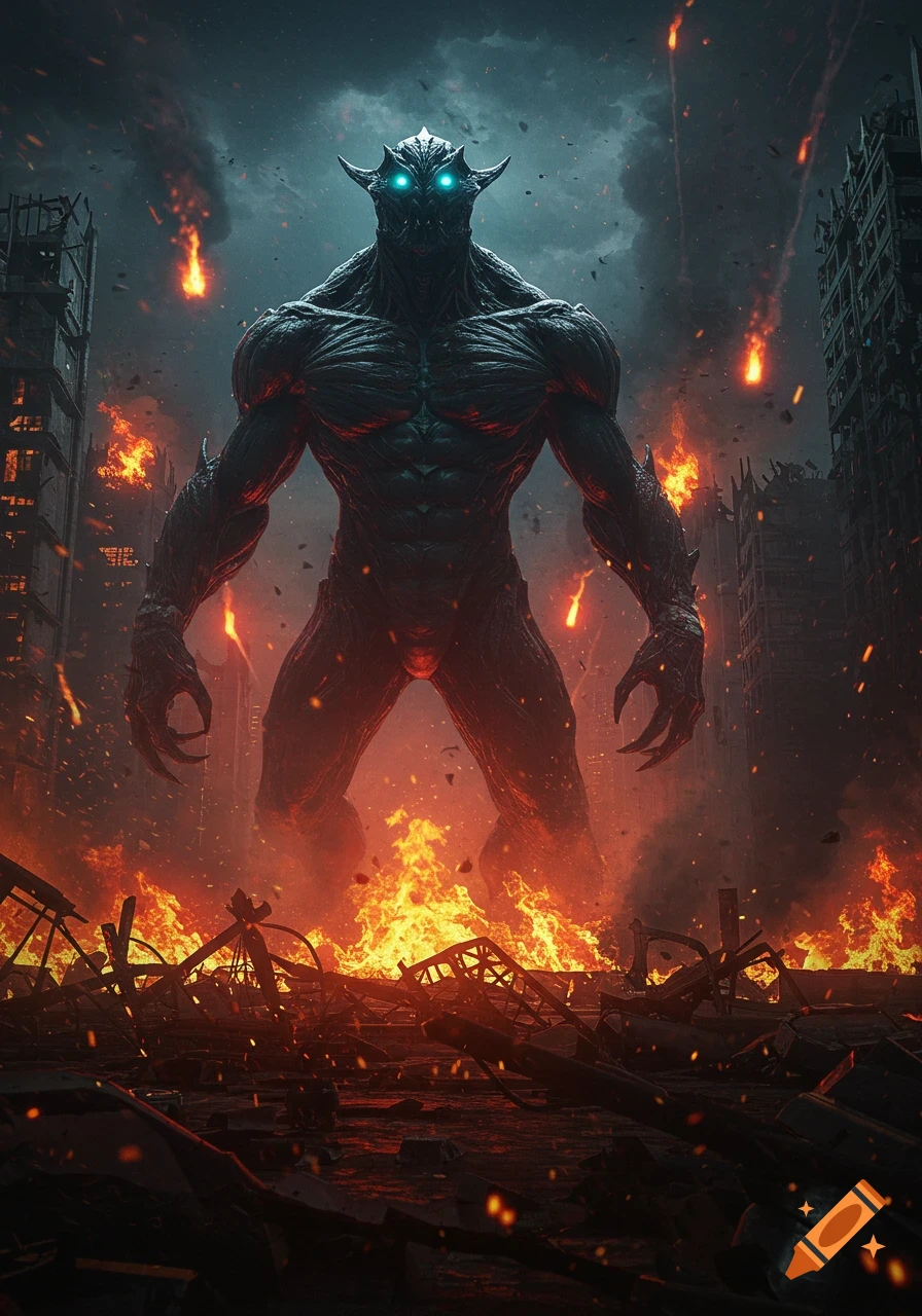 A gigantic, muscular creature with glowing eyes stands amidst a fiery, destroyed futuristic city under a stormy sky.
