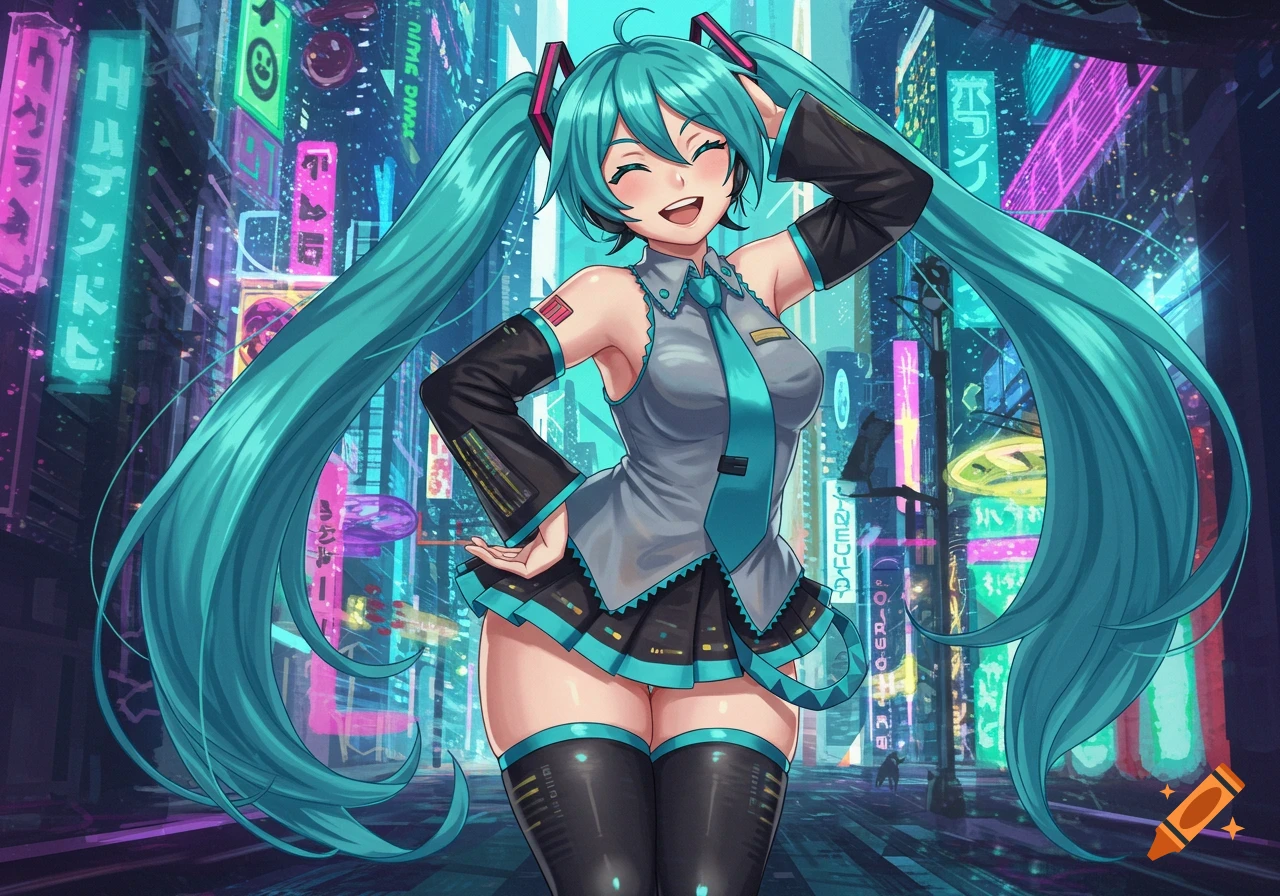 Hatsune Miku smiles brightly in a vibrant neon-lit cyberpunk city at night, wearing her signature outfit.