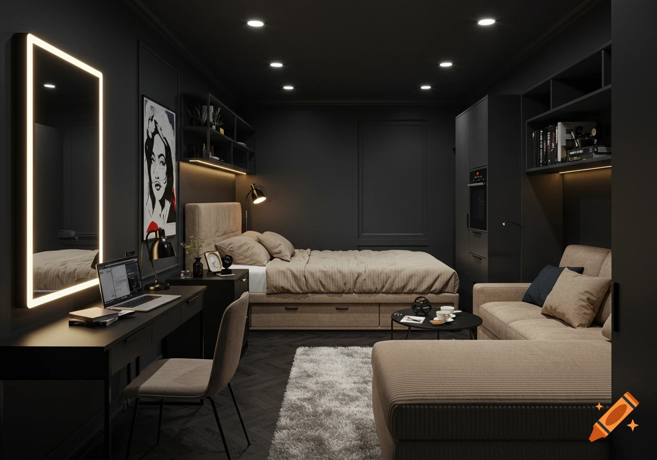 A dark, cozy studio apartment with a beige queen bed, a desk with a laptop, a lighted mirror, and a beige sectional sofa.