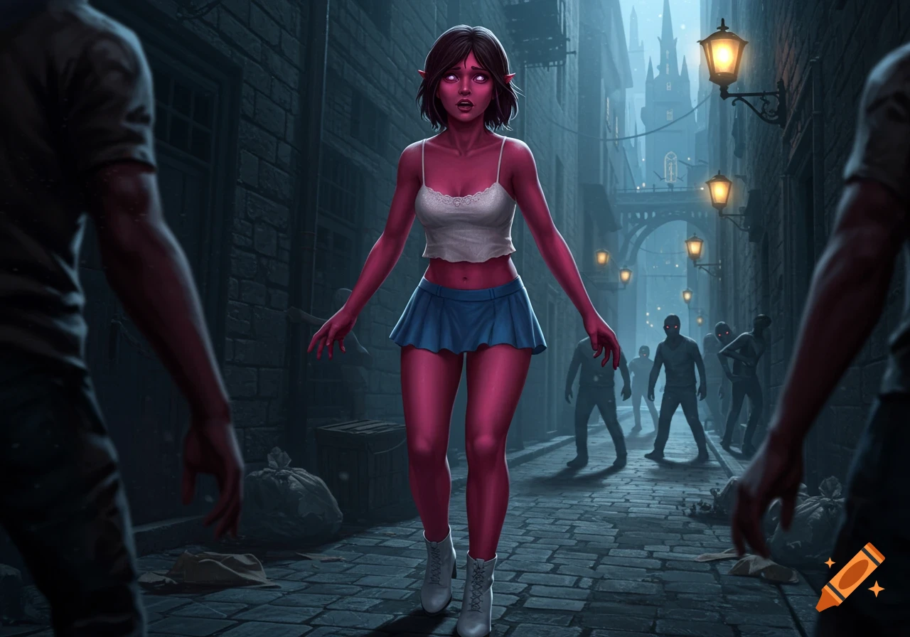 A scared, red-skinned female elf with dark hair and pink eyes in a white crop top and blue mini skirt stands in a dark, lamp-lit city alley, surrounded by zombie-like figures.
