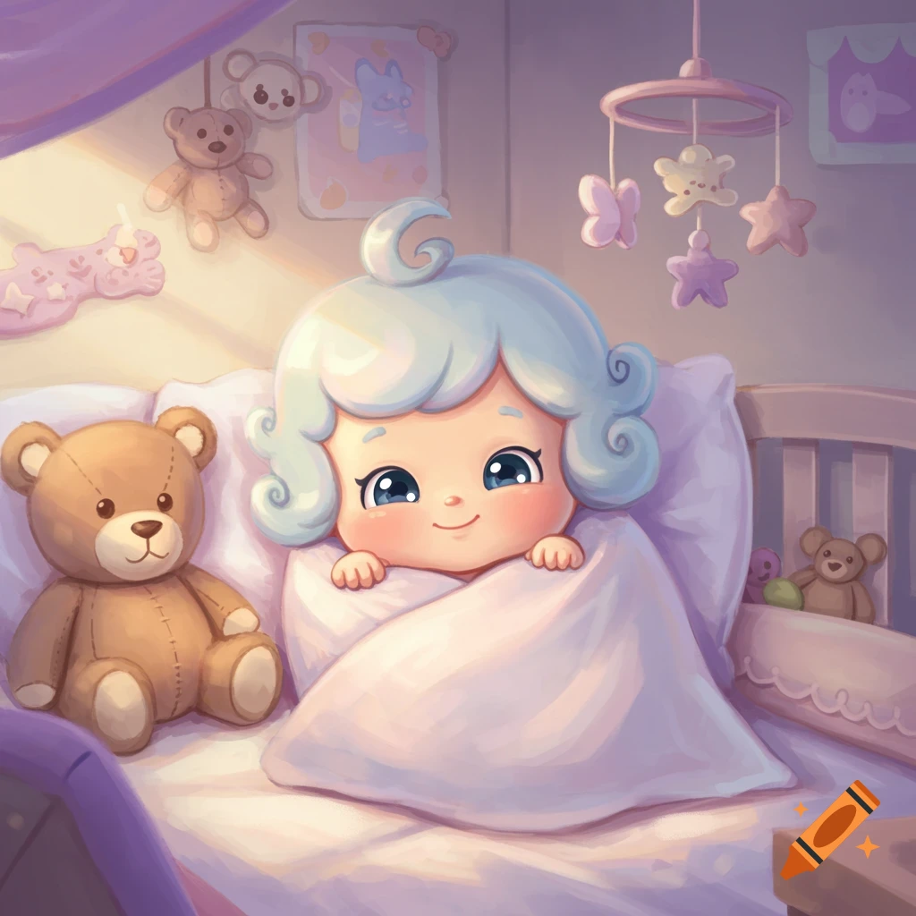 A cute, cartoon baby with blue curly hair, swaddled in a crib with stuffed bears and a mobile, in a soft, warm illustration.