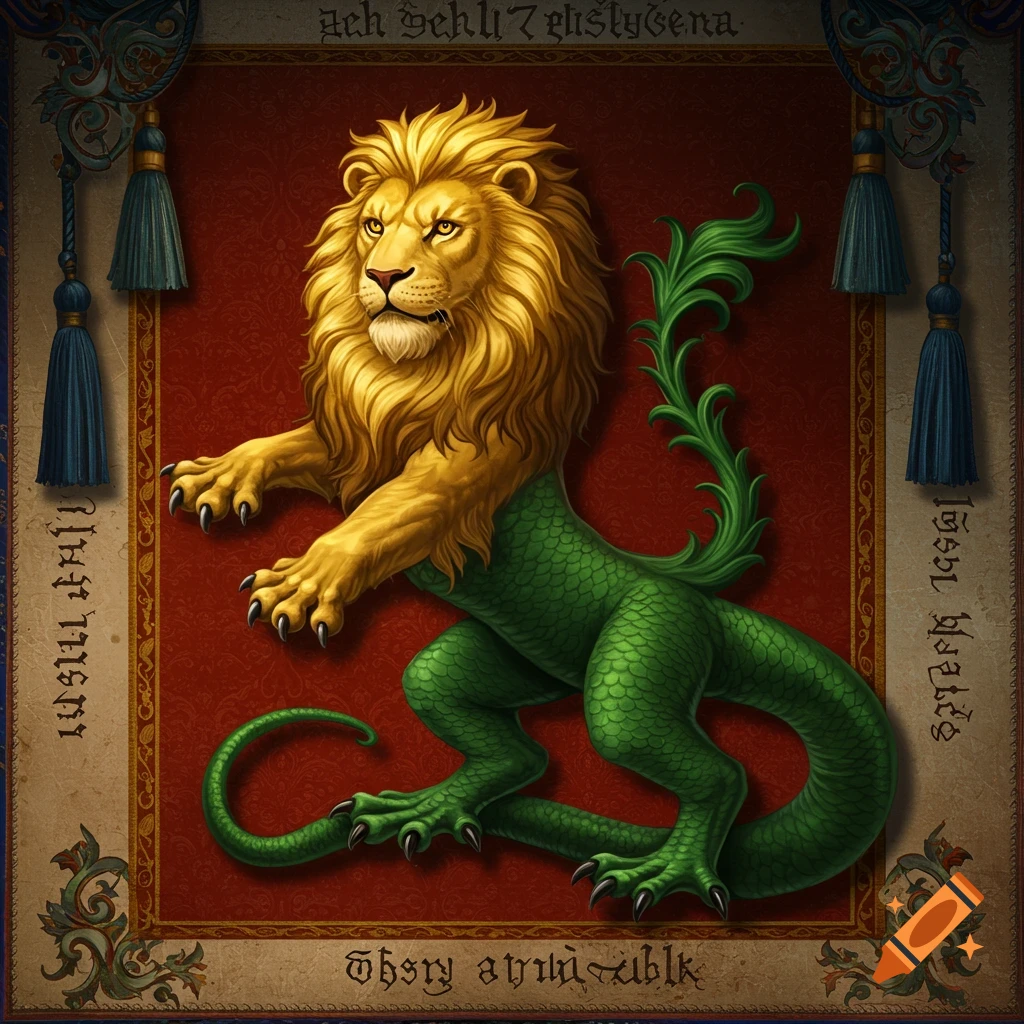 A mythical creature with a golden lion's head and front paws, and a green scaled lizard's body and tail, on a red medieval banner.