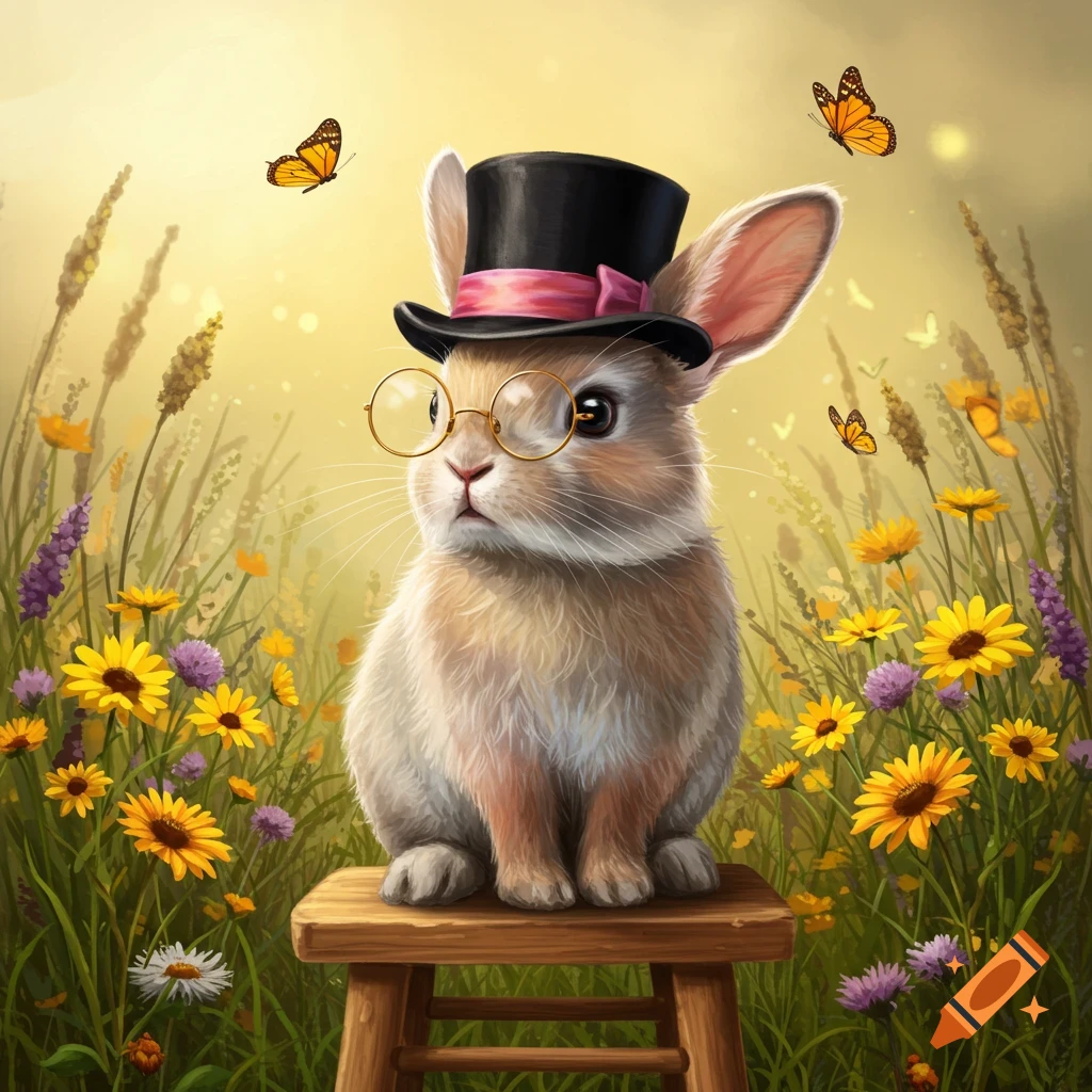 A cute bunny in a top hat and glasses sits on a stool in a sunny field with wildflowers and butterflies.