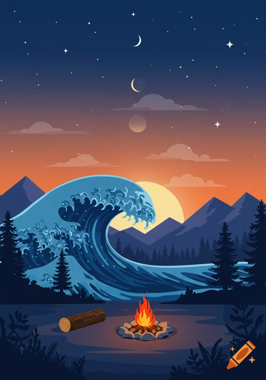 Stylized illustration of a large blue wave, mountains, forest, a campfire, and a log under a twilight sky with moon and stars.