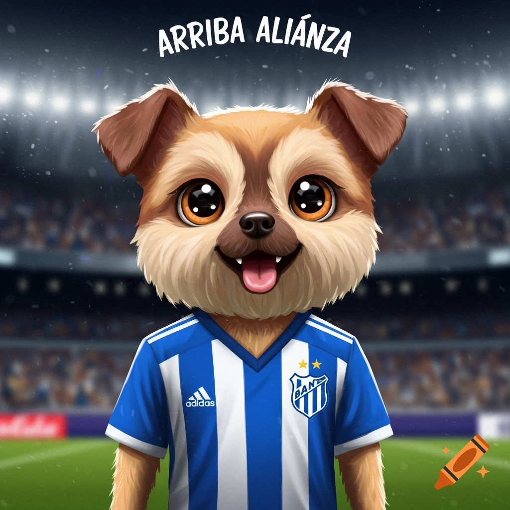 Cartoon dog in a blue and white soccer jersey in a stadium, with "ARRIBA ALIANZA" text above.