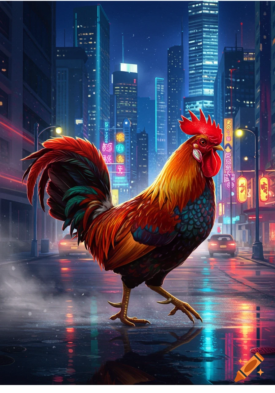 A colorful rooster walks on a wet city street at night, with neon-lit skyscrapers reflecting in puddles.
