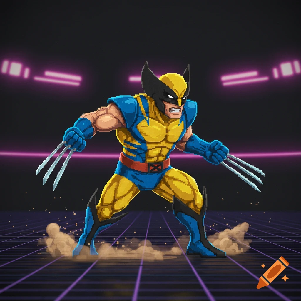 Pixel art of Wolverine in his classic yellow and blue suit, claws extended, in a futuristic arena with neon purple lights.
