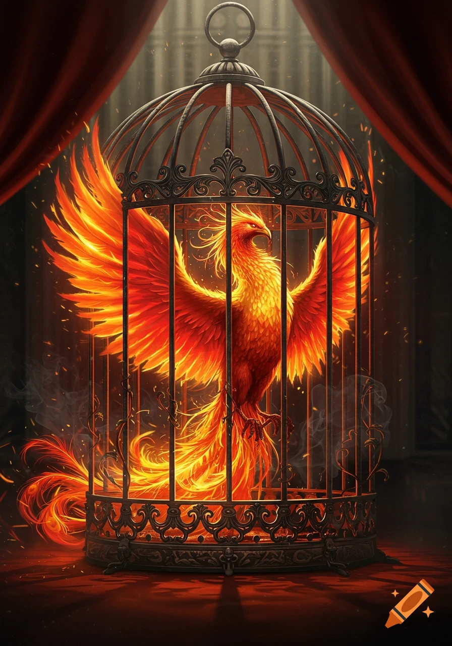 A fiery phoenix with outstretched wings trapped inside an ornate dark metal birdcage.
