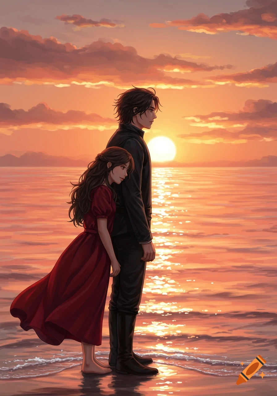 An illustration of a man in dark clothes and a woman in a red dress, her head resting on his shoulder, watching the sunset over the ocean.