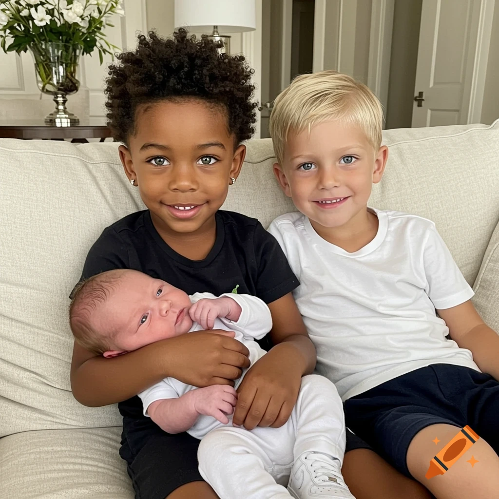 A dark-skinned boy with curly hair holds a newborn, while a blonde boy sits beside them on a couch, all smiling.