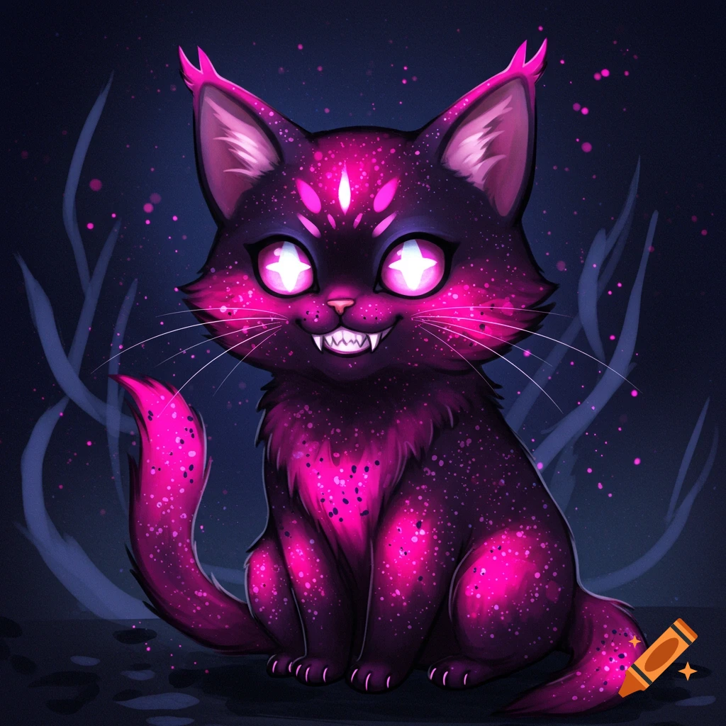 A stylized black and bright pink cat with glowing eyes and small fangs, sitting against a dark, starry background.