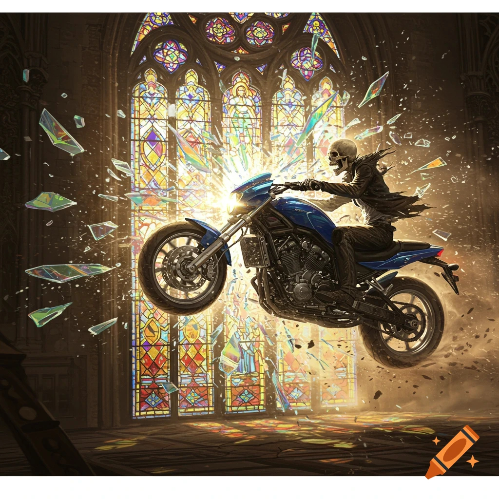 A skeleton on a blue motorcycle crashes through a vibrant stained glass window inside a cathedral, glass shards flying.