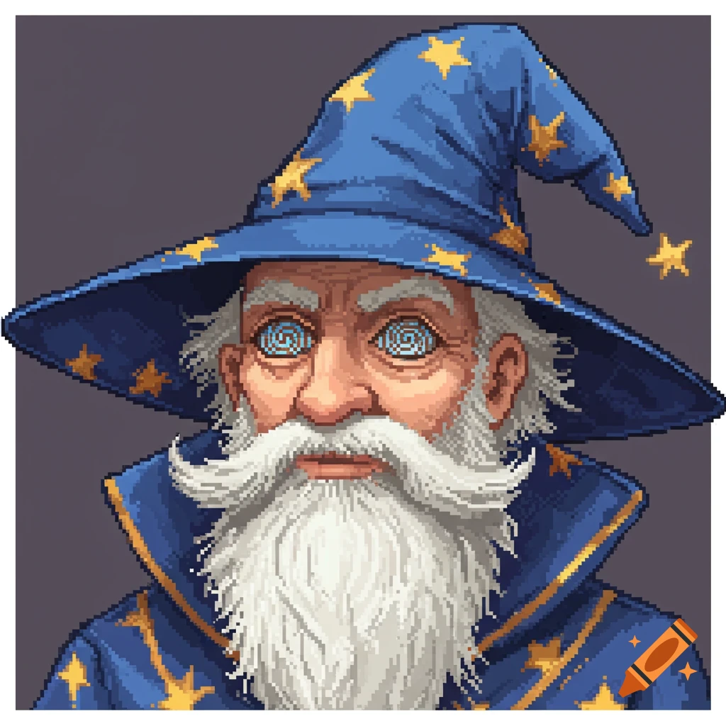 A close-up pixel art portrait of an elderly wizard with a white beard, a blue hat and robe covered in yellow stars, and swirling blue eyes.