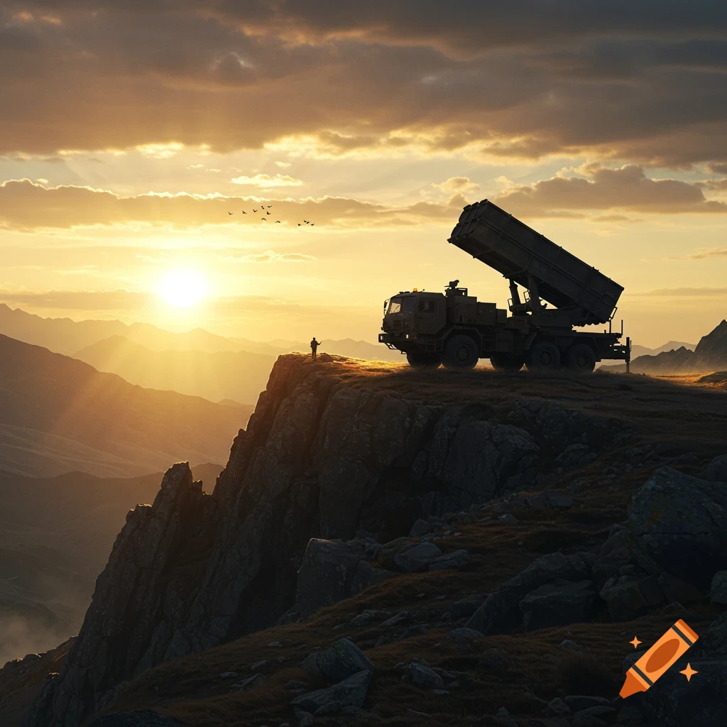 A military missile launcher truck and a person stand on a rocky mountain peak overlooking a valley at sunset.