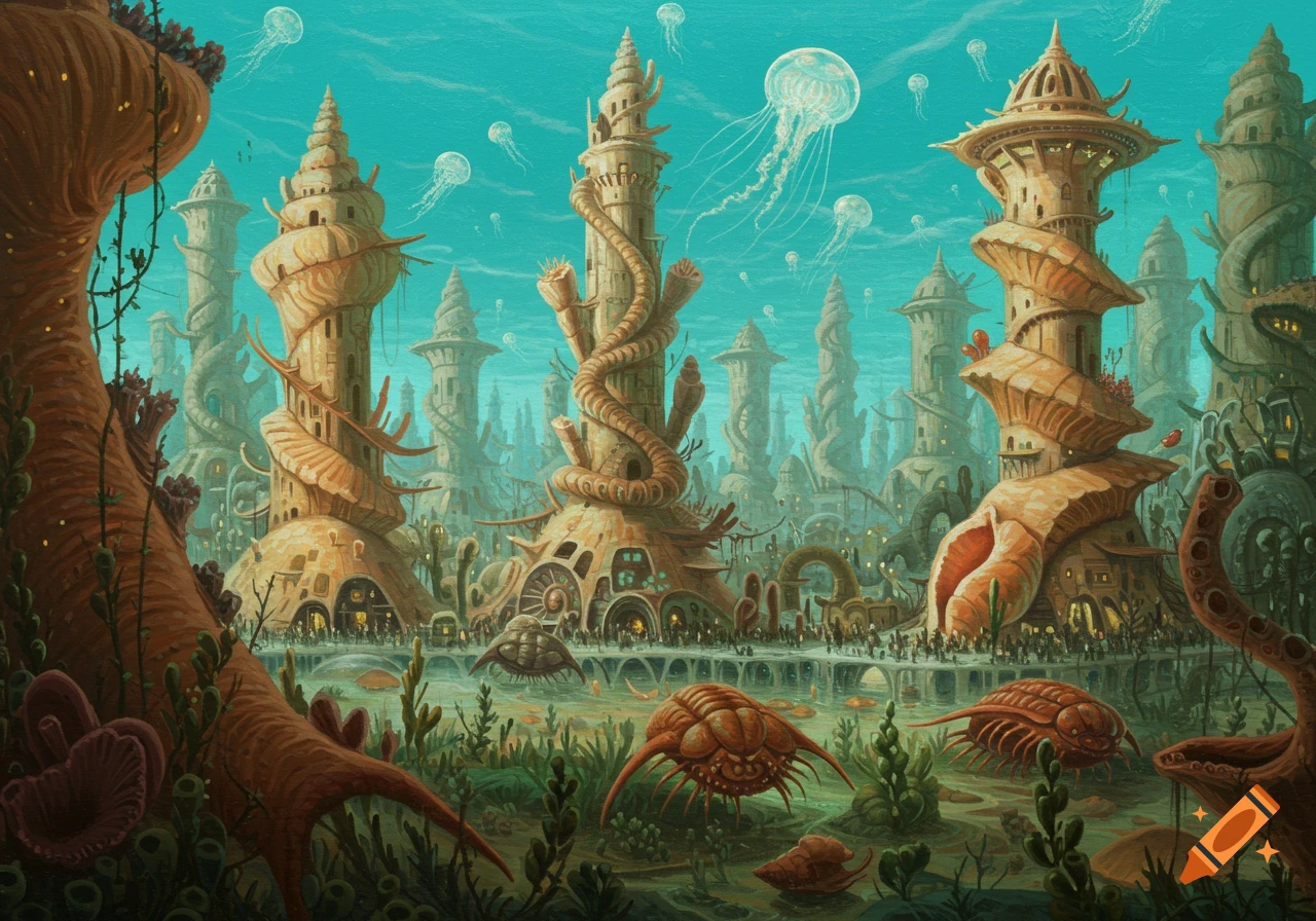 An elaborate oil painting of a bustling underwater city made of spiraling shell-like towers, with jellyfish above and large crustaceans below.
